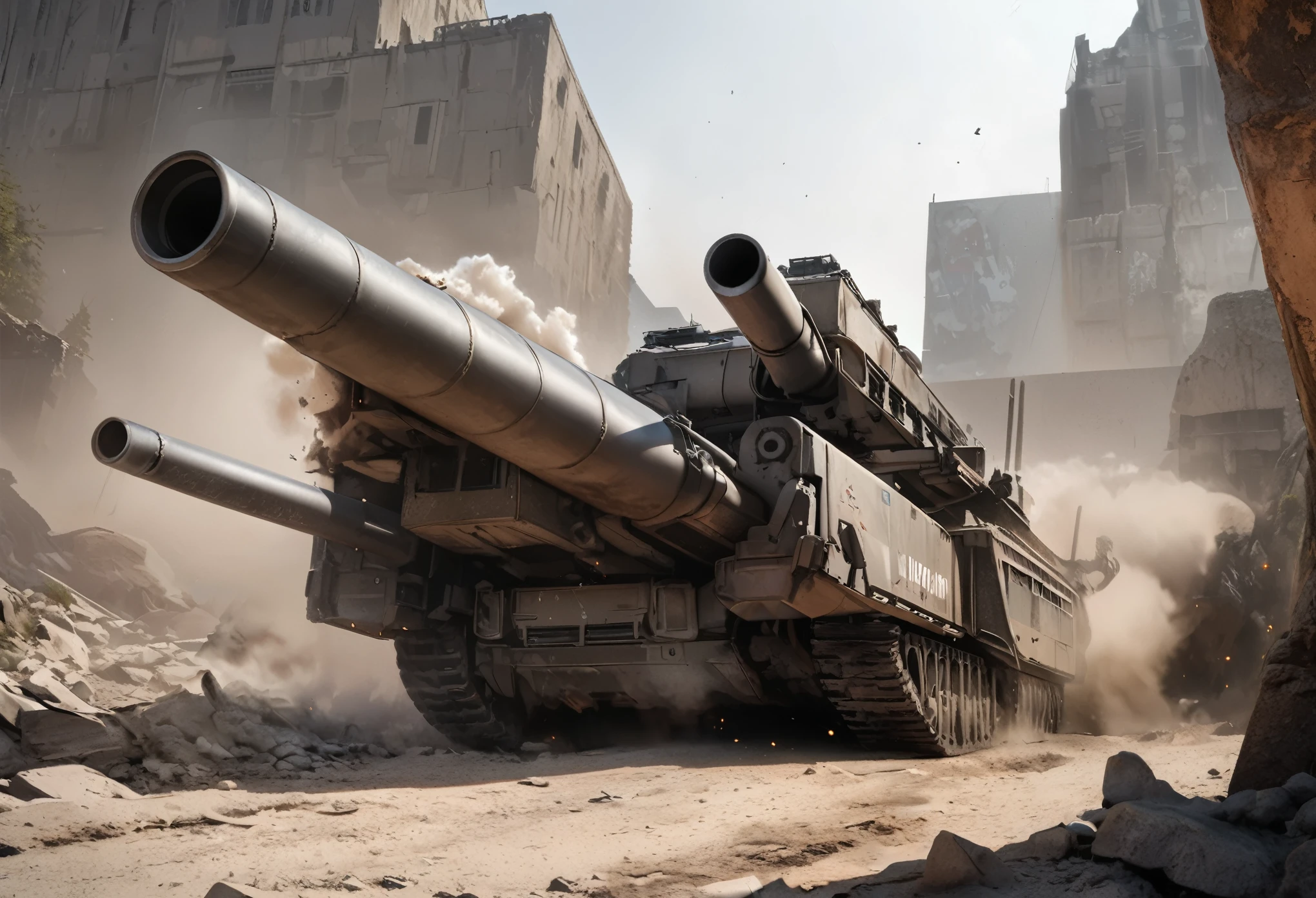 quality\(masterpiece, best quality,8k,wallpaper of extremely detailed CG unit,hight resolution,top-quality,top-quality real texture skin,hyper realisitic,increase the resolution,RAW photos,best qualtiy,highly detailed,the wallpaper\), BREAK ,tank\(armored,thick armor, (many steel plates retrofitted:1.4), (huge cannon\((beam cannon:1.4), glowing blue-white\):1.4), camouflage paint,(huge caterpillar:1.4), (exhaust muffler on top\(smoke\):1.3), smashing rocks, futuristic\), background\(rough, rocky road,battle field, many bullets comming, explosions\)