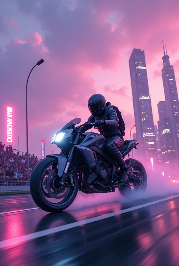 Futuristic motorbike racing with machine guns, in a city with purple skies on a track in the sky with stands full of people