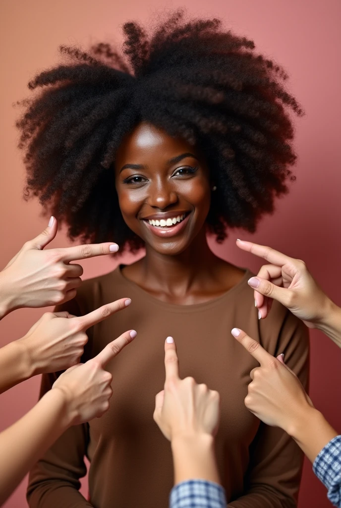 Several white hands pointing at a black woman with afro hair