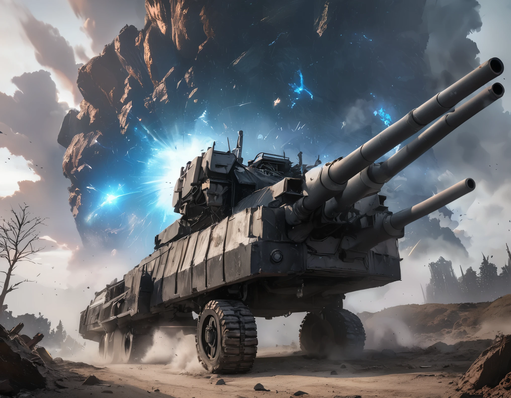 quality\(masterpiece, best quality,8k,wallpaper of extremely detailed CG unit,hight resolution,top-quality,top-quality real texture skin,hyper realisitic,increase the resolution,RAW photos,best qualtiy,highly detailed,the wallpaper\), BREAK ,tank\(armored,thick armor, (many steel plates retrofitted:1.4), (huge cannon\((beam cannon:1.4), glowing blue-white\):1.4), camouflage paint,(huge caterpillar:1.4), (exhaust muffler on top\(smoke\):1.3), smashing rocks, futuristic\), background\(rough, rocky road,battle field, many bullets comming, explosions\)