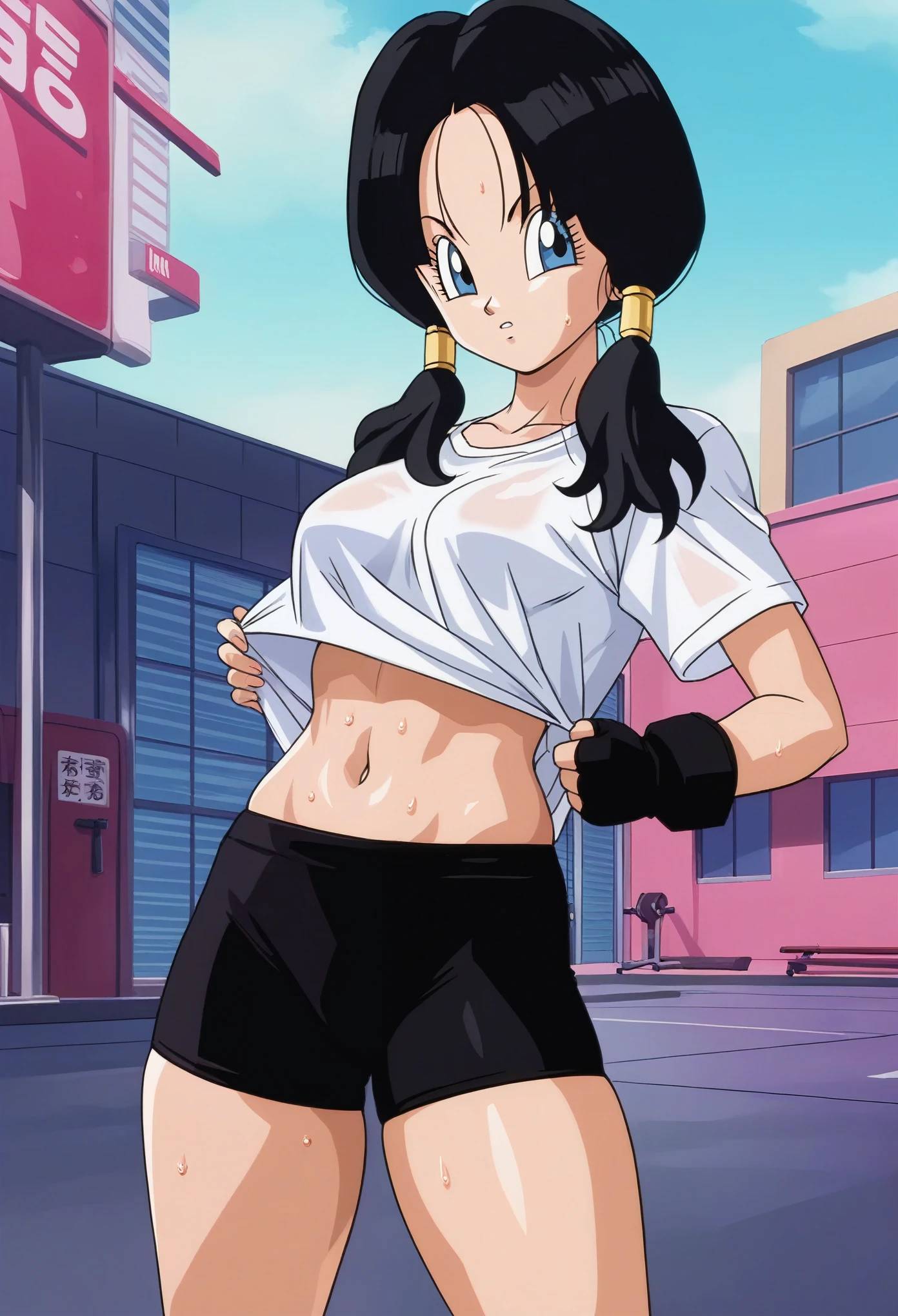 source_anime, score_9, score_8_up, score_7_up, anime screencap,
videldbz, 1girl, solo, long hair, blue eyes, black hair, ponytails, (underboob), (shirt up), (thick thighs), white shirt, contryside, fingerless gloves, black shorts, sweat, (((gym))), underboob