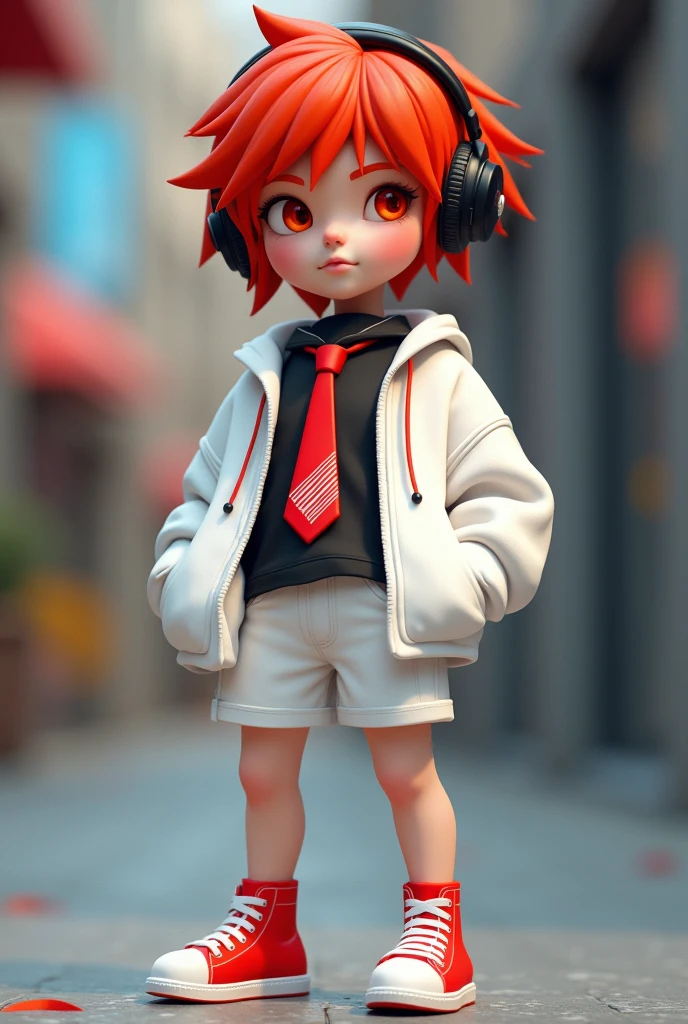 Short red-haired, Orange eyes, Black headphones, Red necktie with small white stripes, Black undershirt, White hoodie, White shorts, White shoes
