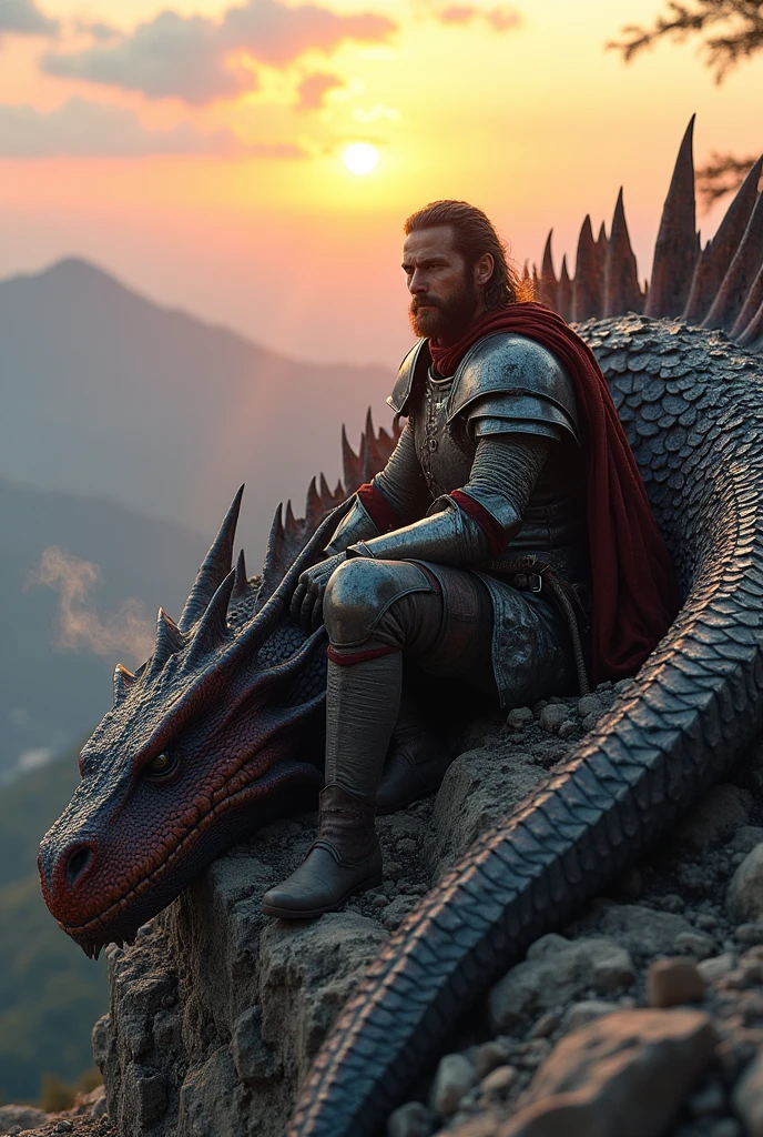 Create an image of a battle-worn dragon rider resting beside their mighty dragon in a serene, post-battle setting. The rider, a fierce warrior, is clad in ornate, weathered armor that bears the marks of recent combat—scratches, dents, and smudges of ash. Their helmet is removed, revealing a face with streaks of dirt and blood, yet with eyes filled with relief and resolve. The rider sits on a rocky outcrop, leaning against the massive, scaled body of their dragon.
The dragon, a majestic creature with iridescent scales that shift colors in the fading light, lies sprawled out, its chest heaving as it breathes deeply, recovering from the fierce fight. The creature's wings, still extended slightly, show signs of wear—torn edges and a few singed membranes. Smoke wisps rise gently from its nostrils, indicating the recent use of its fiery breath.
The setting is a high mountain ridge, with the sun setting in the distance, casting a warm, golden hue across the landscape. The sky is painted with soft oranges, purples, and pinks, as the day transitions into night. Below them, the remnants of a battlefield can be faintly seen, with scattered armor, weapons, and the charred ground as a silent testament to the intensity of the battle.
Despite the aftermath of the conflict, the atmosphere is peaceful. The bond between the dragon and its rider is palpable, as they share this moment of quiet recovery. The scene captures the raw power of both warrior and beast, contrasted with the tenderness of their mutual trust and the calm that follows a hard-won victory."