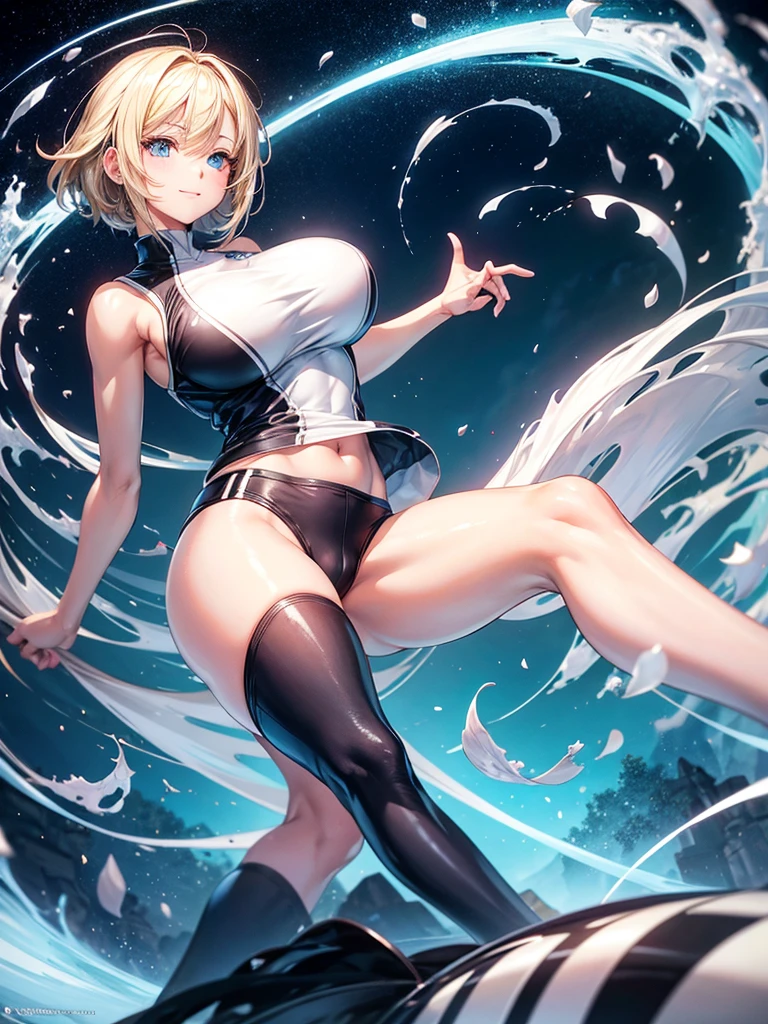 Anime style, super fine illustration, highly detailed, beautiful detailed, pale tone image, static representation, gentle expression, 8k, pretty 1girl with blonde straight short hair & blue eyes & a bright smile & huge breasts & soft fair skin is wearing the black skportswear  & sportshorts & sportsjaket in the park, in the morning, in the brilliant particles of lights, romantic stories, solo, perfect 5fingers, perfect arms, perfect legs, masterpiece.