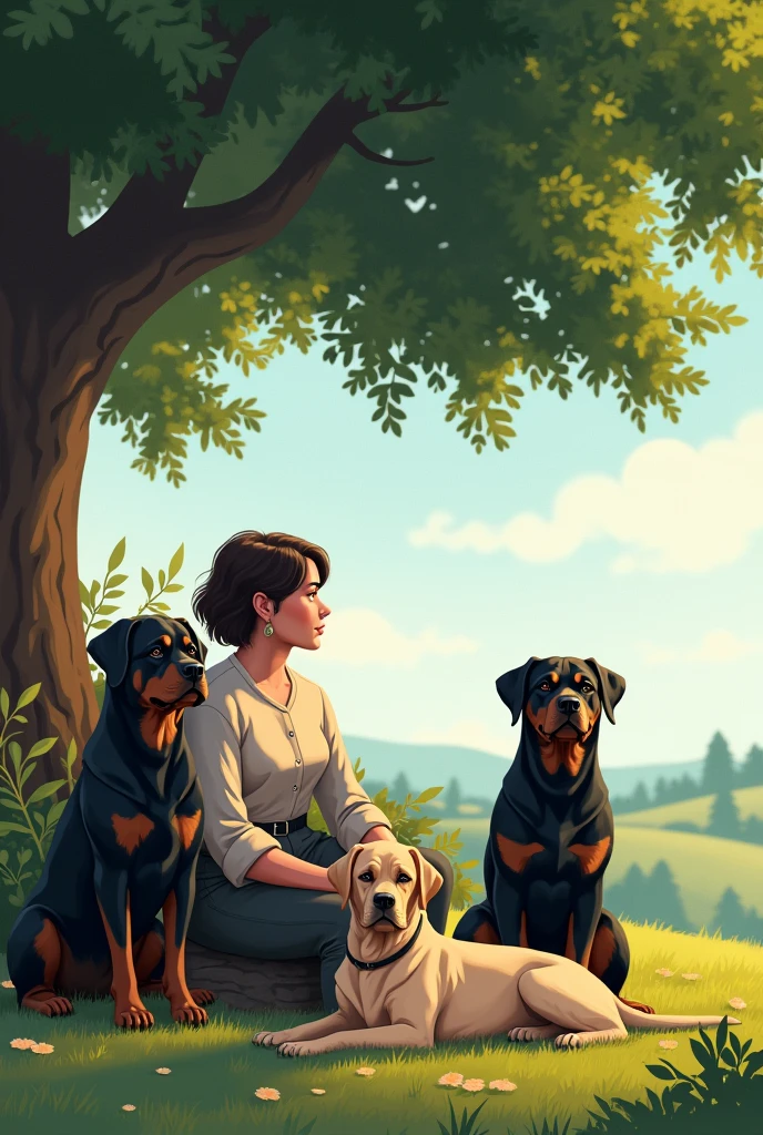 A woman and two female Rottweiler dogs and a female Labrador dog sitting under the tree in the distance