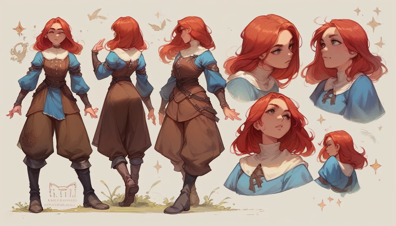 Concept art, girl, red hair, MEDIEVAL CLOTHES, brown pants, black boots, full body pose