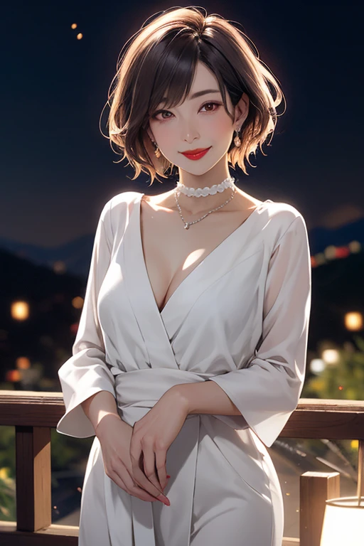Beautiful and mature 55 year old Japanese woman, Married women, Aunt, Fine Lines, Long eyelashes, Glowing Eyes, Short Bob Haircut, (choker), (Deep Red Lipstick), elegant, Slim figure, Rosy Cheeks, Pearl Necklace, Earrings, Cute Smile, Summer clothes, Beautiful body lines, Cleavage, Full Body Focus, Photographed in the mountains late at night, Fireflies fly,