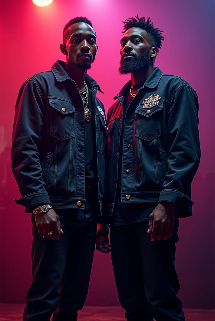 (two black guys, one of 18:1.1, other 16),ultra-detailed,realistic:1.37,Outer space,tall and muscular,singing on stage,black coats with Big trippin written on it,portraite,studio lighting,bright coloured,energetic vibes