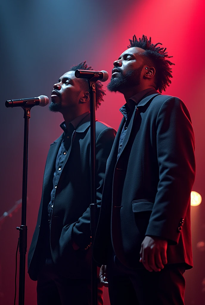 (two black guys, one of 18:1.1, other 16),ultra-detailed,realistic:1.37,Outer space,tall and muscular,singing on stage,black coats with Big trippin written on it,portraite,studio lighting,bright coloured,energetic vibes