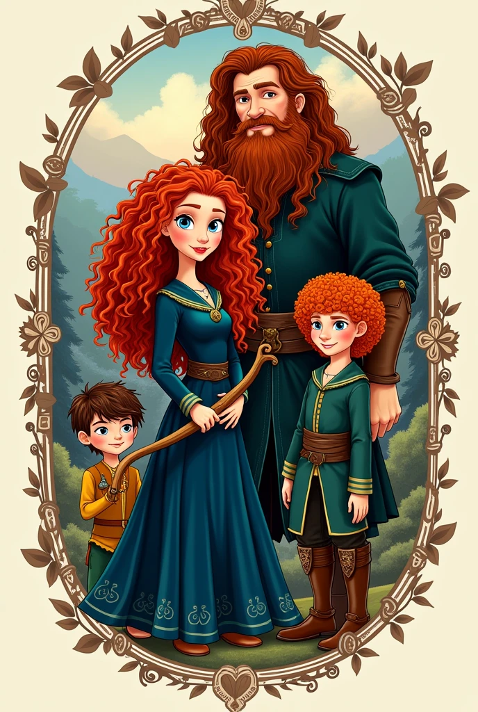 Create a tattoo design of the Disney movie Brave and his family with dad and two brothers