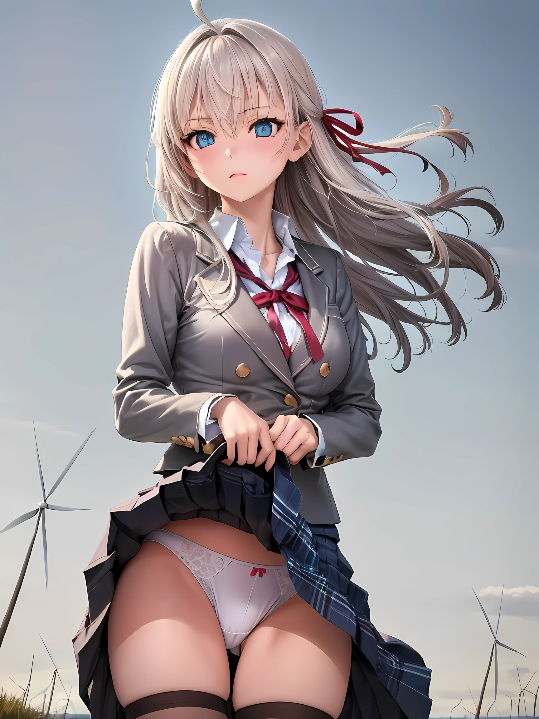 masterpiece, (realistic, photo realistic:1.2), ((highest quality), extremely fine and beautiful, beautiful face details, real human skin, realistic, photorealistic, cowboy shot, Alisa Mikhailovna Kujou, ahoge, long hair, grey hair, hair intakes, hair ribbon, red ribbon, sidelocks, hair between eyes, bangs, blue eyes, school uniform, grey jacket, cropped jacket, blazer, open jacket, open clothes, wing collar, red bowtie, collared shirt, white shirt, medium breasts, long sleeves, black dress, pleated dress, double-breasted, zettai ryouiki, white thighhighs, White underwear, (wind, wind lift, Skirt lifted by the wind, skirt rolled up by the wind, Skirt flutters:1.5), (Fully exposed panties:1.5), (white panties:1.5), (standing :1.2)