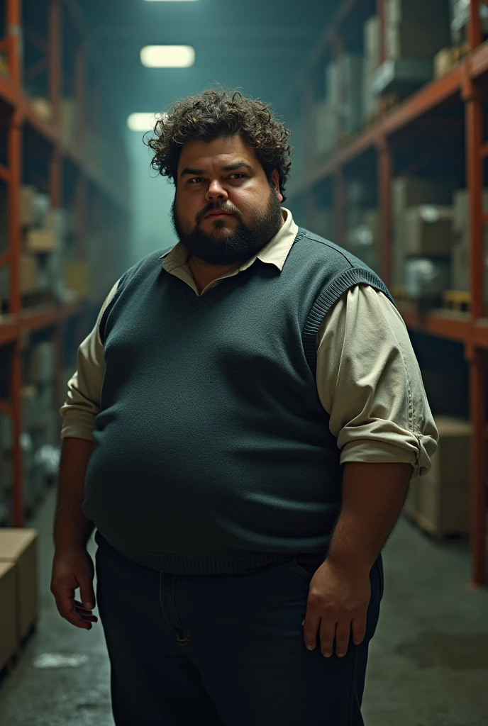 chubby man, curly hair, sweater vest, unkempt, shady, suspicious, warehouse, (best quality,4k,8k,highres,masterpiece:1.2),ultra-detailed,(realistic,photorealistic,photo-realistic:1.37),HDR,UHD,studio lighting,ultra-fine painting,sharp focus,physically-based rendering,extreme detail description,professional,vivid colors,bokeh,dramatic lighting,moody atmosphere,cinematic,dark and gritty,mystery,intrigue