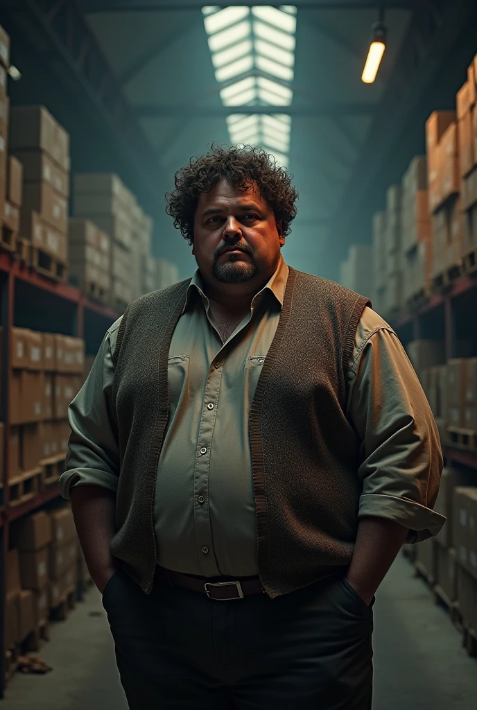 chubby man, curly hair, sweater vest, unkempt, shady, suspicious, warehouse, (best quality,4k,8k,highres,masterpiece:1.2),ultra-detailed,(realistic,photorealistic,photo-realistic:1.37),HDR,UHD,studio lighting,ultra-fine painting,sharp focus,physically-based rendering,extreme detail description,professional,vivid colors,bokeh,dramatic lighting,moody atmosphere,cinematic,dark and gritty,mystery,intrigue
