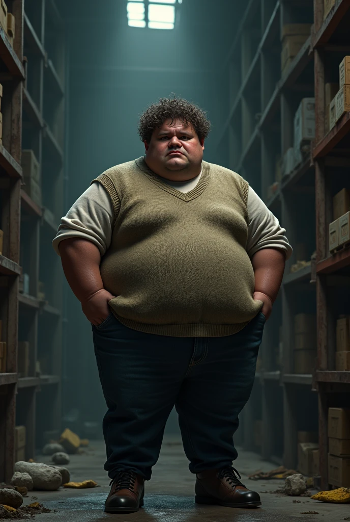 chubby man, curly hair, sweater vest, unkempt, shady, suspicious, warehouse, (best quality,4k,8k,highres,masterpiece:1.2),ultra-detailed,(realistic,photorealistic,photo-realistic:1.37),HDR,UHD,studio lighting,ultra-fine painting,sharp focus,physically-based rendering,extreme detail description,professional,vivid colors,bokeh,dramatic lighting,moody atmosphere,cinematic,dark and gritty,mystery,intrigue