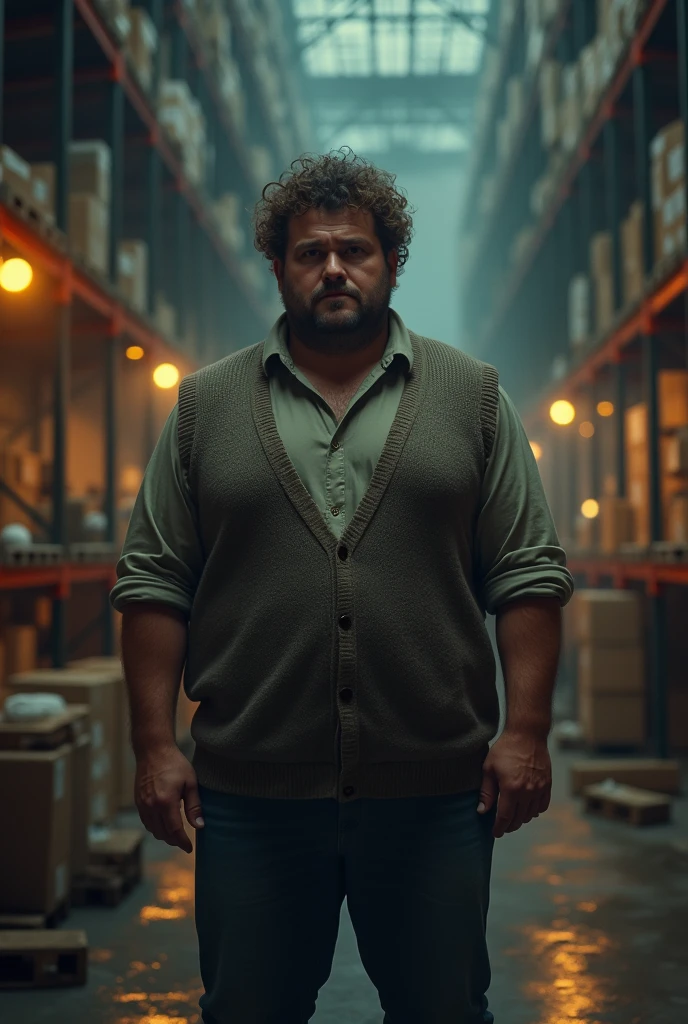 chubby man, curly hair, sweater vest, unkempt, shady, suspicious, warehouse, (best quality,4k,8k,highres,masterpiece:1.2),ultra-detailed,(realistic,photorealistic,photo-realistic:1.37),HDR,UHD,studio lighting,ultra-fine painting,sharp focus,physically-based rendering,extreme detail description,professional,vivid colors,bokeh,dramatic lighting,moody atmosphere,cinematic,dark and gritty,mystery,intrigue