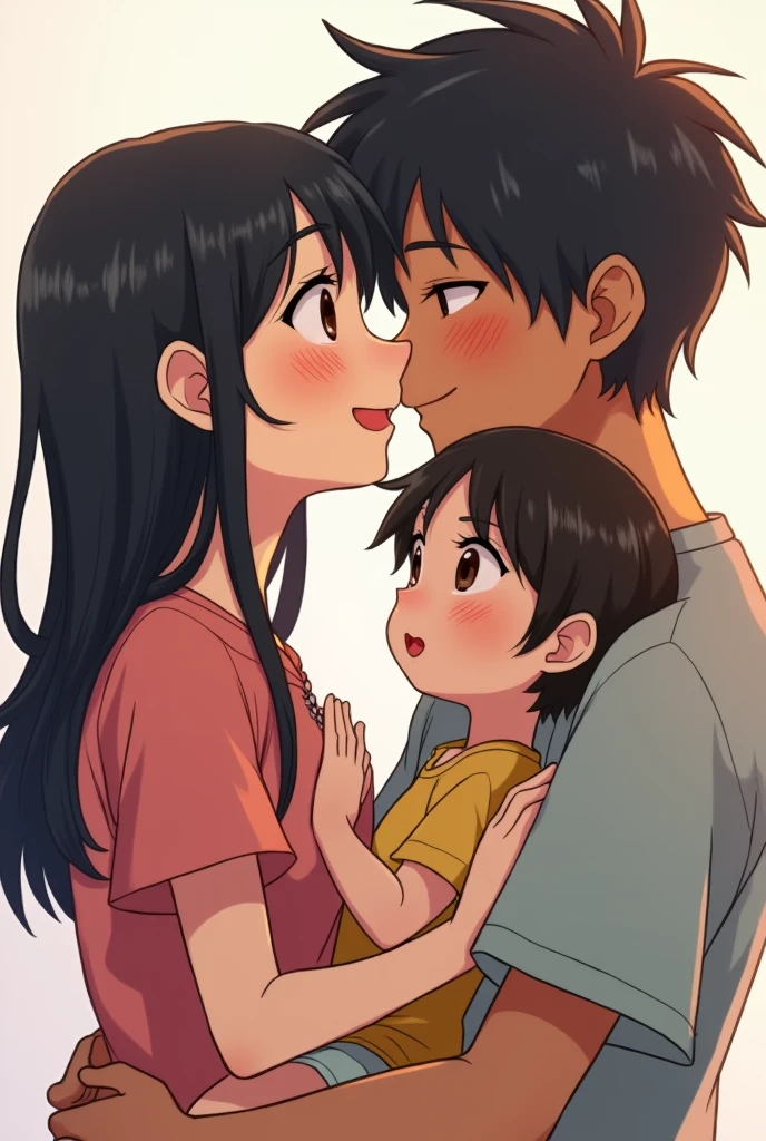 An Asian woman with short black hair Tomboy style in her 20s, con un delantal negro, The mother has her 3-month-old baby in her arms giving a lascivious kiss with tongue