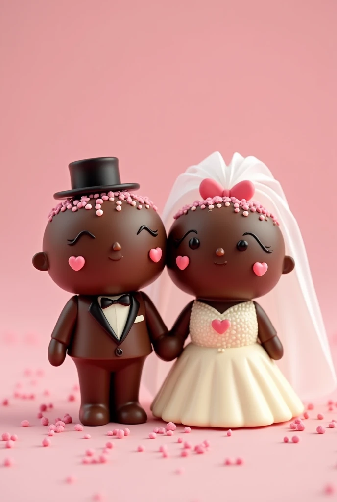 retro cartoon style image of two chocolate brigadeiro with pink heart sprinkles dressed as bride and groom