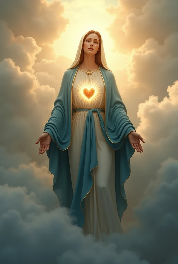 (photorealism:1.2), beautiful virgin Mary with tears in her eyes while praying in the clouds, wearing blue queen clothes with light in his head and heart spreading all over in the clouds, perfect virgin Mary, real virgin Mary, perfect five hands, perfect tears face, elegant, soft lighting, many clouds, stand straight, realistic, intricate details, warm colors,
