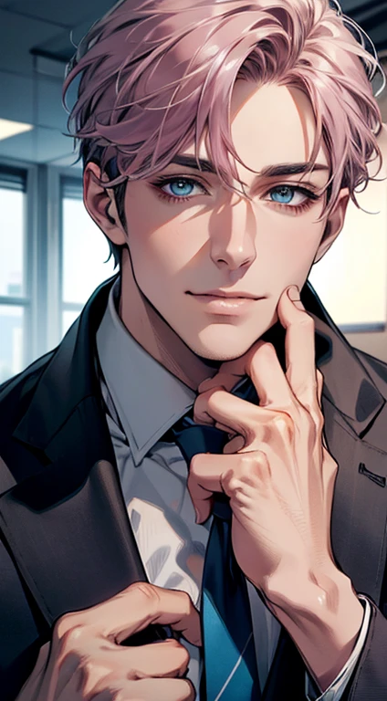 (Highest quality,4K,8K,High resolution,masterpiece:1.2),Super detailed,(Realistic,photoRealistic,photo-Realistic:1.37),1 person,31 years old,Mature Men,Beautiful skin、very handsome,Expressionless,smile,Short gray pink hair,blue eyes,Sharp Eyes,A perfect face without a doubt,Businessman,Office Background,Cinema Lighting,HDR image,tie、