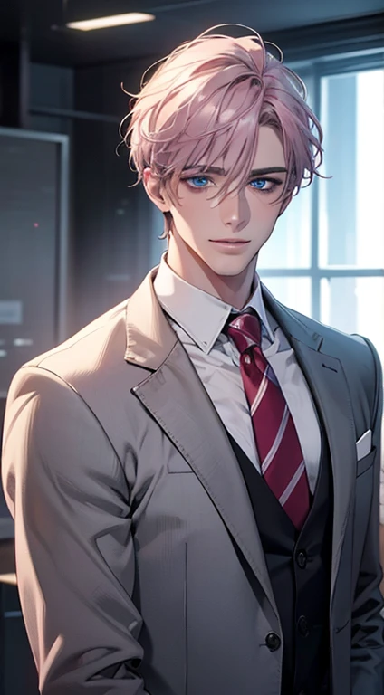 (Highest quality,4K,8K,High resolution,masterpiece:1.2),Super detailed,(Realistic,photoRealistic,photo-Realistic:1.37),1 person,31 years old,Mature Men,Beautiful skin、very handsome,Expressionless,smile,Short gray pink hair,blue eyes,Sharp Eyes,A perfect face without a doubt,Businessman,Office Background,Cinema Lighting,HDR image,tie、