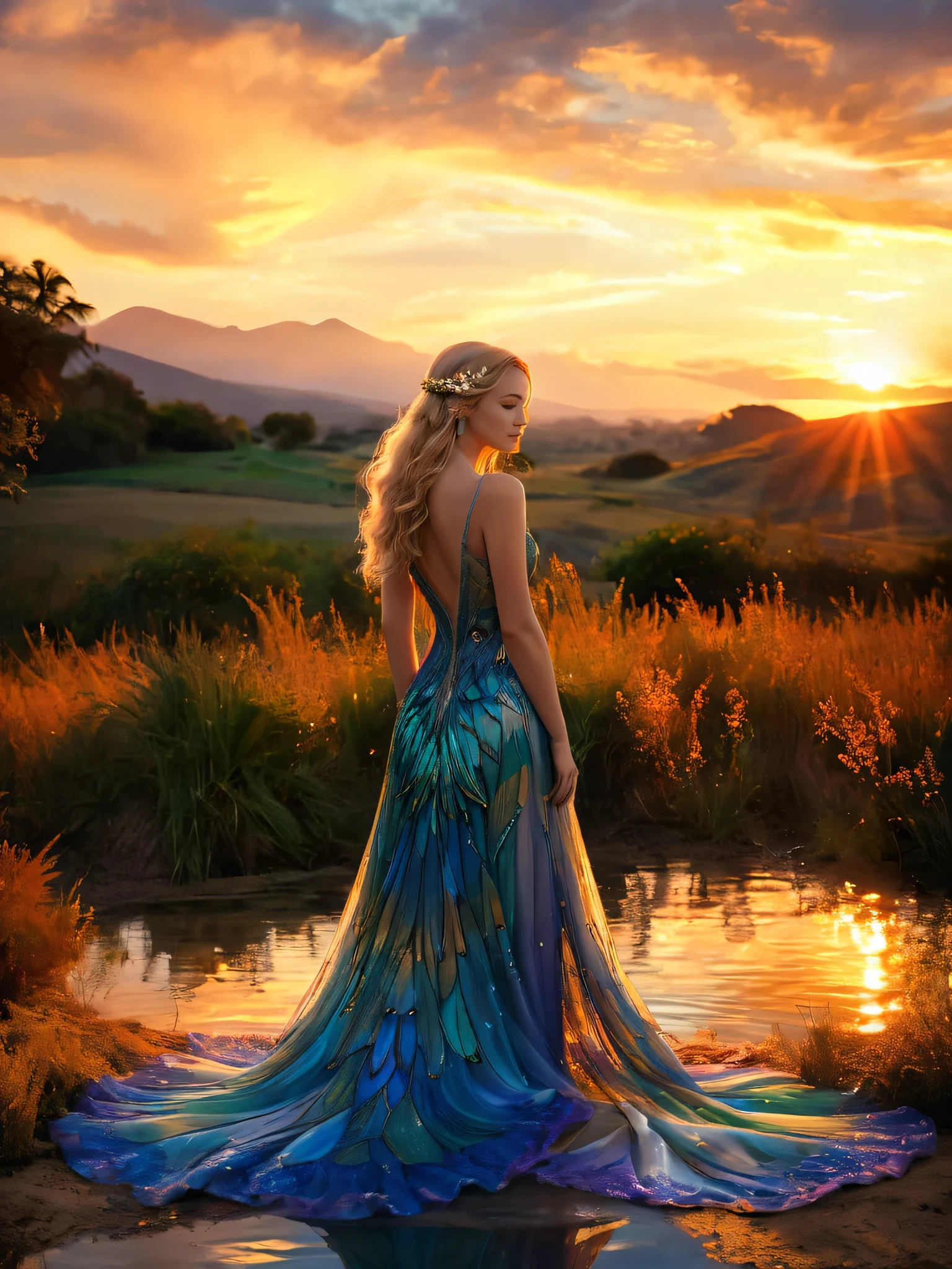 A breathtaking and ethereal woman standing in a serene landscape at sunset, with the warm glow of the setting sun casting a golden light over the scene. She is wearing a stunning, flowing gown that appears to be made of stained glass, with intricate patterns of vibrant colors—blues, greens, oranges, and purples—creating a mosaic effect. The dress sparkles as it catches the fading light, resembling a work of art. Her wings, matching the stained glass theme, are large and delicate, with the same colorful mosaic design, glowing as the sunlight filters through them. Her blonde hair flows gently in the breeze, adding to her angelic and otherworldly appearance. She stands by a reflective pool of water, which mirrors the vibrant colors of her dress and wings, enhancing the dreamlike quality of the image. The background features an open field under a dramatic sky, with soft clouds illuminated by the rich colors of the sunset, creating a scene of peace, beauty, and wonder.