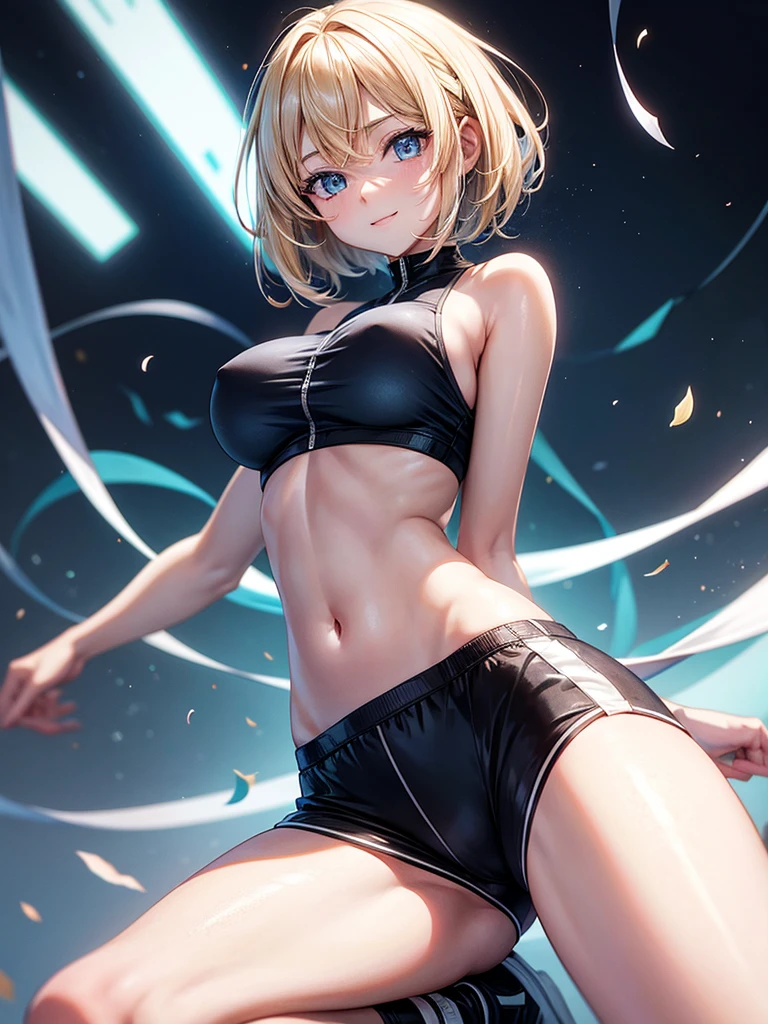 Anime style, super fine illustration, highly detailed, beautiful detailed, pale tone image, static representation, gentle expression, 8k, pretty 1girl with blonde straight short hair & blue eyes & a bright smile & huge breasts & soft fair skin is wearing the black skportswear  & sportshorts & sportsjaket in the park, in the morning, in the brilliant particles of lights, romantic stories, solo, perfect 5fingers, perfect arms, perfect legs, masterpiece.