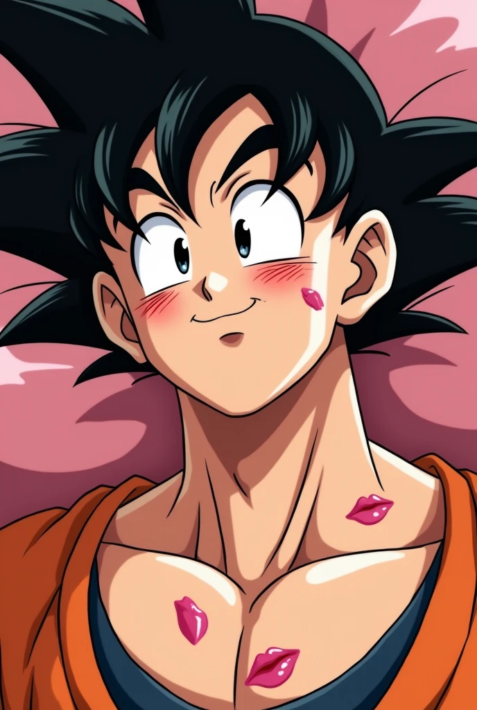 Dragon ball z anime style,Adult Goku with face,neck with several marks from various kisses made by lipstick, expression in love and somewhat embarrassed, with a blush on her cheeks and a slight smile, looking forward, view from her torso to her hair
