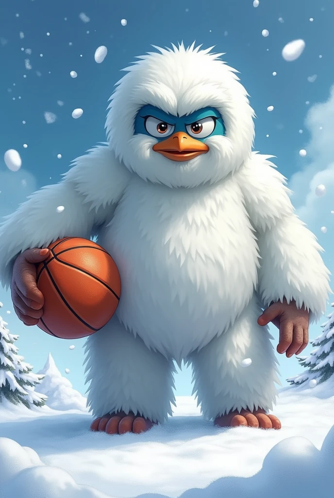 
Snow yeti, with a basketball in his hand, fierce Anime type