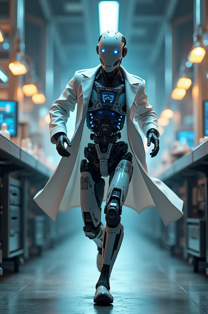 Computer with lab coat running