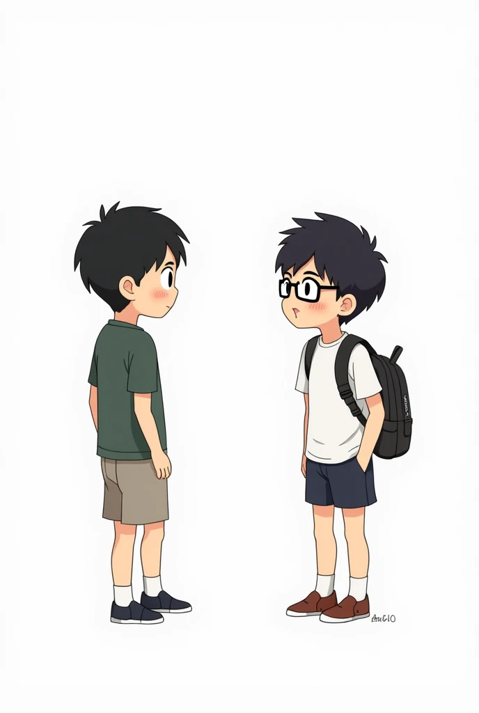 2 teenage boys are chatting, 1 wearing glasses black hair, 1 no glasses black hair. Simple chibby graphic image on white background