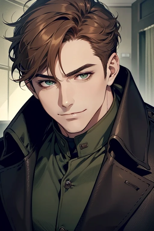 masterpiece, best quality, realistic, 1man, mature male, quiet and charming young man, 35 years old, smirk and look on the side, closed mouth, portrait, extremely detailed face, smirk, (dark green eyes), (short-side-swept shar brown hair)), [thick eyebrows], (detective clothing)
