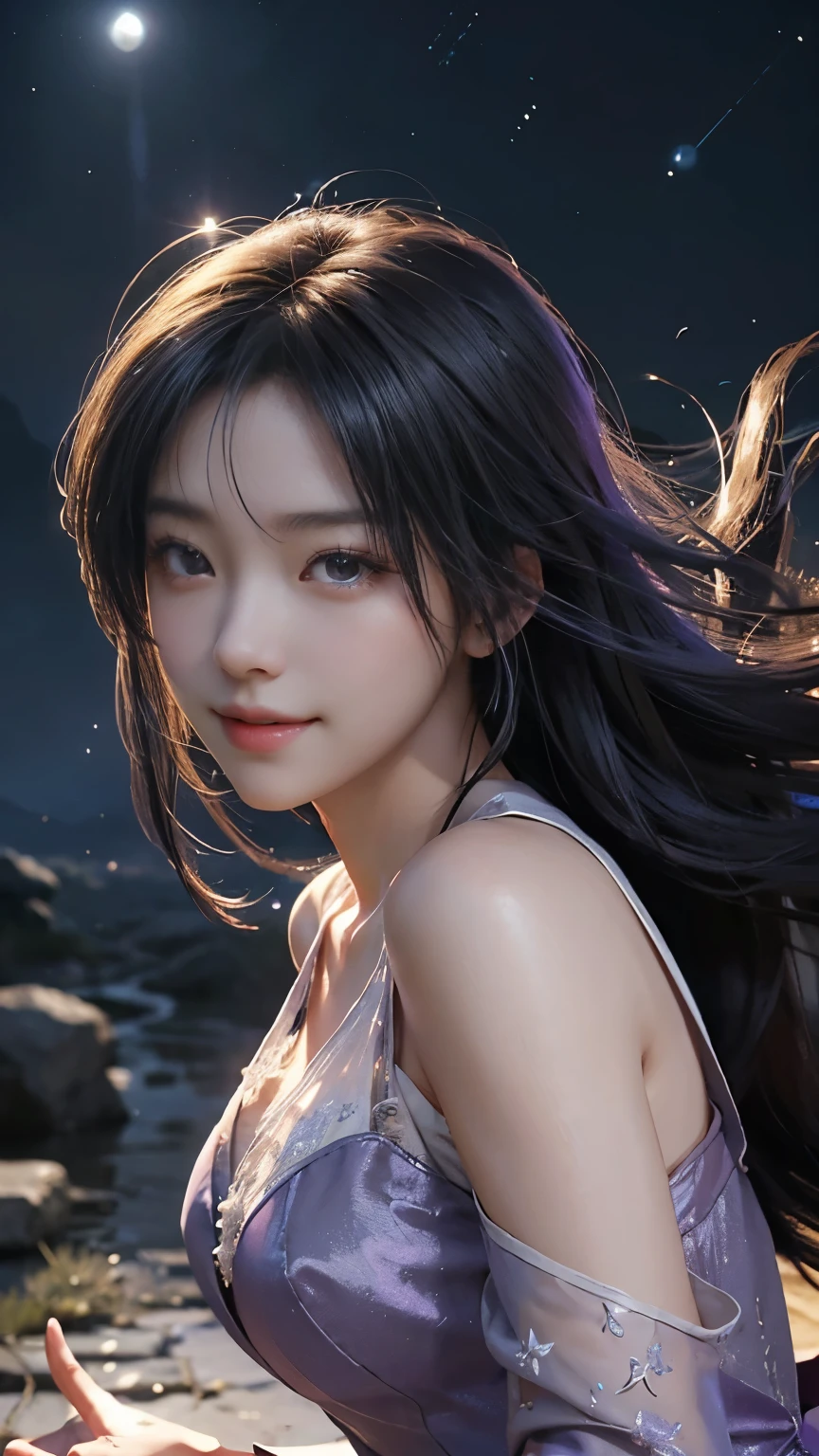 (logo、masterpiece、8k、Tabletop、RAW Photos、wonderful、最high quality、フォトリアルでVery detailedなCG合成8k壁紙、high quality、Very detailed、Narrative poem、Particle Effects、Dynamic Effects、Depth of the Boundary)What is written is、Cinematic Light、Lens flare、Ray Tracing)、Fantasy、(Purple Dress)、(night、night空、Starry Sky、full moon)、(Girl looking up at the sky)、sit、cute、Japanese style、 (smile)、Long Hair、Strong winds、(Hair blowing in the wind)、(White Dress)、Natural light、moonlight、(Horizontal photography)、(chest emphasis)、(Low position)、(Low - Angle)