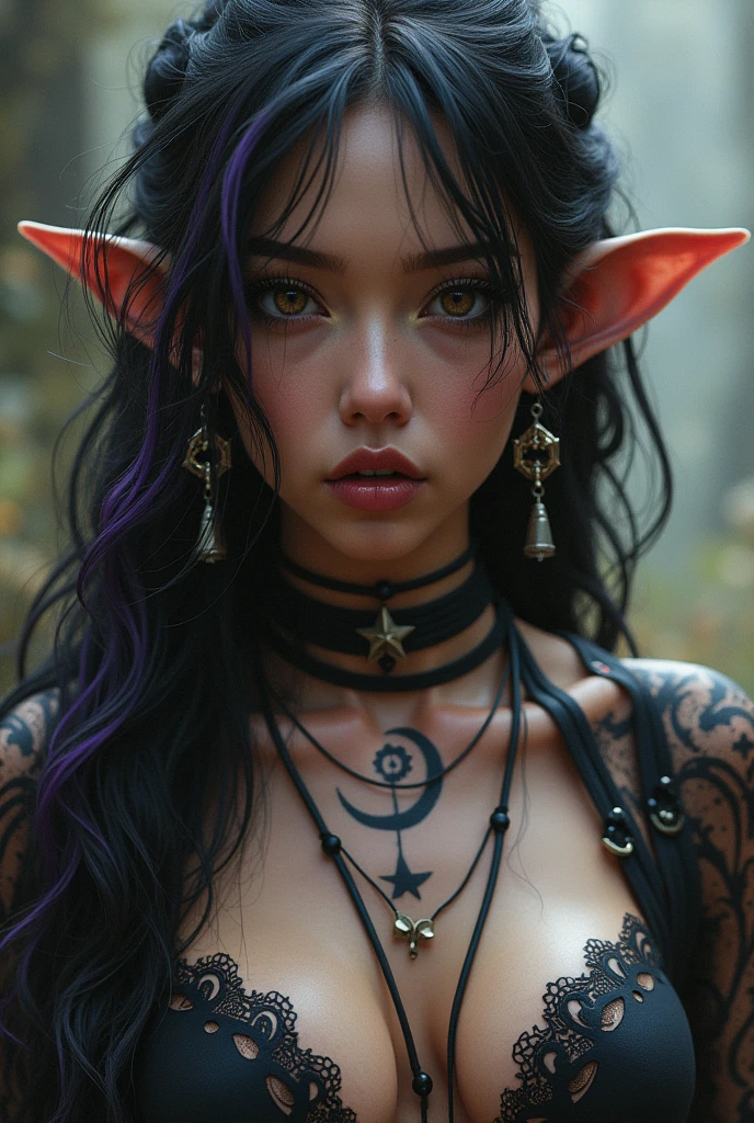 A woman is dressed in a silk dress, with different cuts in the shape of the dress. Her hair is black with white and purple highlights.... Your skin is olive, His canine teeth protrude from his mouth and his ears are pointy and full of earrings... has a drawing, like a tattoo, in the middle of your neck, a half moon with 4 stars inside it.