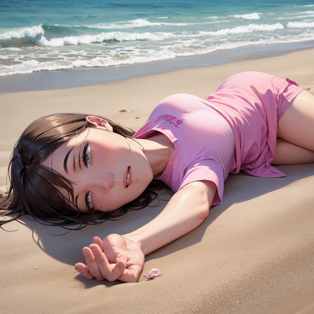 A girl plays on the beach in a swimsuit