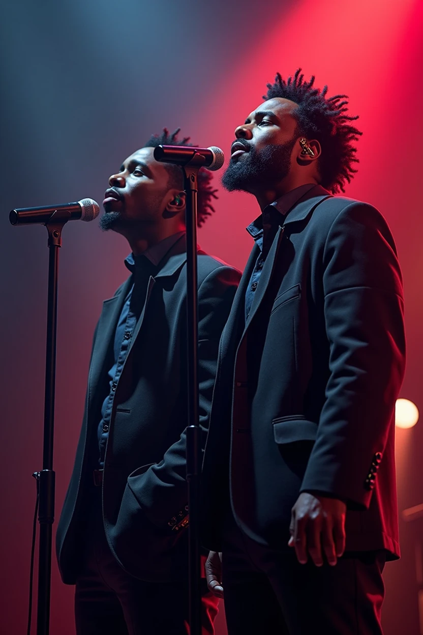 (two black guys, one of 18:1.1, other 16),ultra-detailed,realistic:1.37,Outer space,tall and muscular,singing on stage,black coats with Big trippin written on it,portraite,studio lighting,bright coloured,energetic vibes
