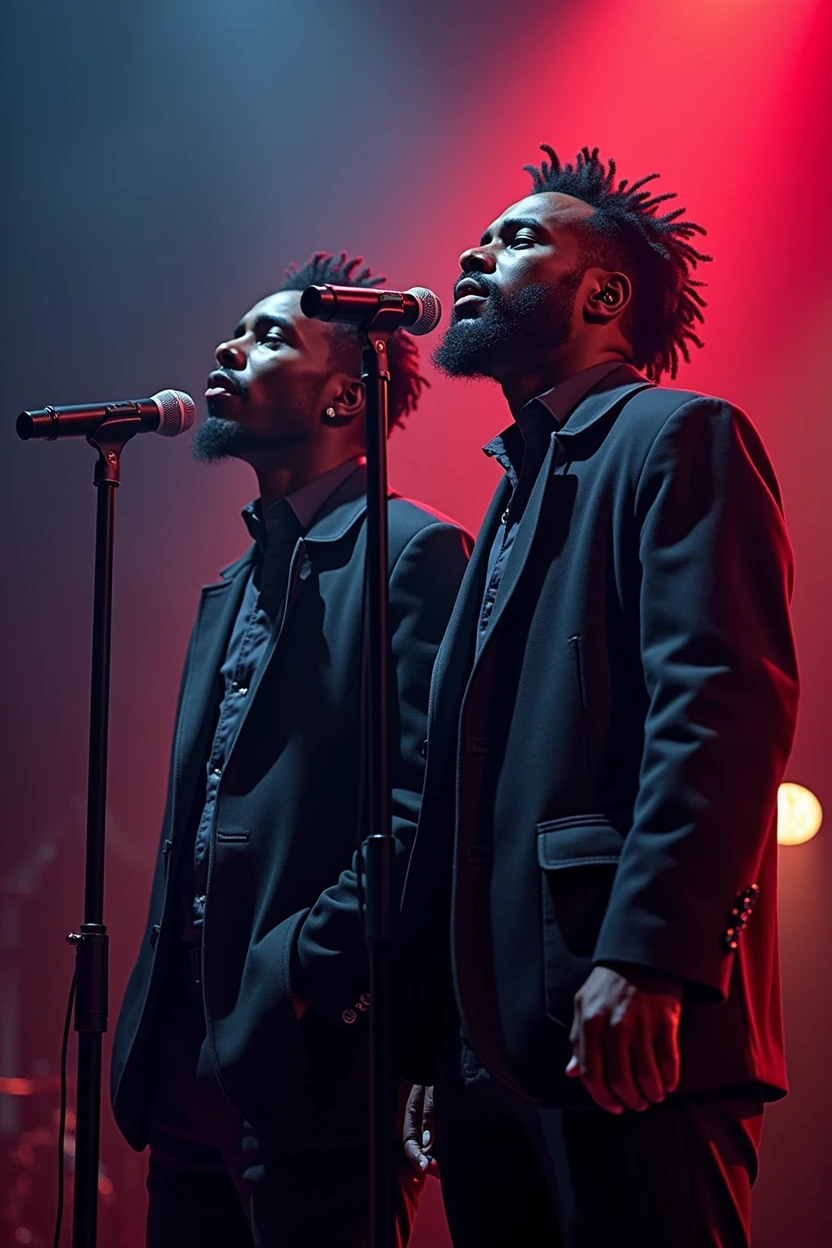 (two black guys, one of 18:1.1, other 16),ultra-detailed,realistic:1.37,Outer space,tall and muscular,singing on stage,black coats with Big trippin written on it,portraite,studio lighting,bright coloured,energetic vibes