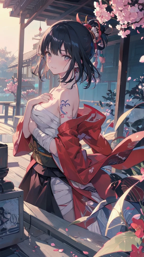 (((((roll up bandage sideways on a chest tightly to cover the chest without gaps))))), (((bandage samweways))),, ((Japanese Gangster BOSS)), adult woman with the dignified presence, Killing Qi, wear nothing around shoulder, wear nothing around neck, wear the kimono, wear it below the waist, (I wind it up to control it, and to attach it), ((kimono come off)) ,wear the kimono multiple times, Bare shoulders and the clavicle, black and gold kimono, put on over jacket of kimono, (holding a japanese sword which shine in purple, The handle of the sword is black, and the blade is gray, long sword), eye fire, low angle, whole body, anime character, Glaring, off sholder, nappropriate smile, Excellent, black blue hair, can see both shoulder, ((long kimono hem)), small face, ((some cherry blossam big tattoo on the arm)), ((background Japanese gate with circlr mark)),muscular,drink sake,fullmoon in the sky, The kimono is spreading,(((ultra-detailed))),super beautiful,Masterpiece,Killing Qi,Intimidation,zoom up, a person,Selfish person,in japanese veranda