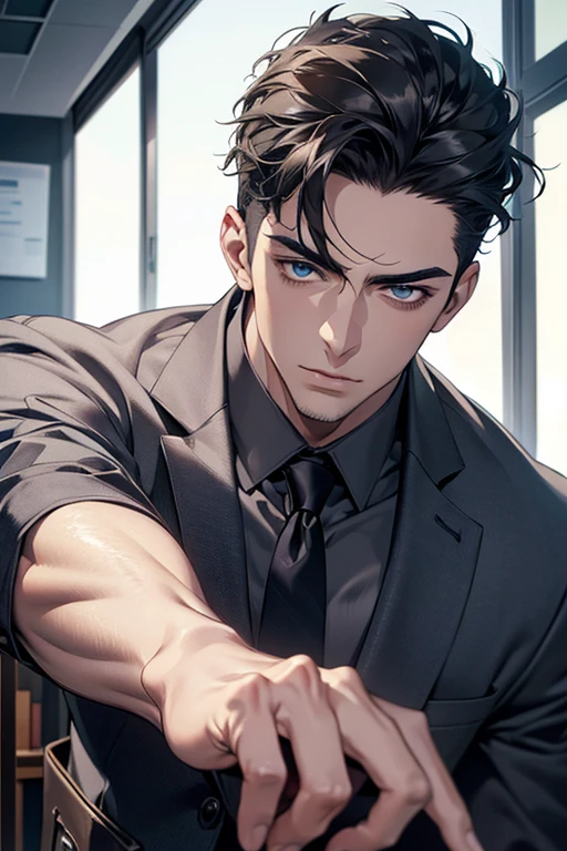 (Best Quality,4k,8k,high resolution,Masterpiece:1.2),ultra detailed,(realist,photorealist,photo-realist:1.37),1 man,31 years,mature man,very handsome,without expresion,muscled body,short gray black hair,Blue eyes,glare,perfect face without mistakes,imposing posture,businessman,office background,cinematic lighting,imagen HDR