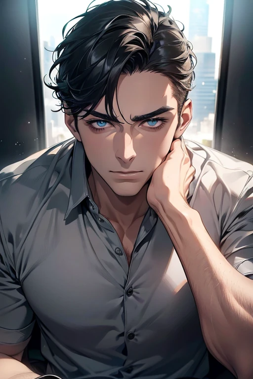 (Best Quality,4k,8k,high resolution,Masterpiece:1.2),ultra detailed,(realist,photorealist,photo-realist:1.37),1 man,31 years,mature man,very handsome,without expresion,muscled body,short gray black hair,Blue eyes,glare,perfect face without mistakes,imposing posture,businessman,office background,cinematic lighting,imagen HDR