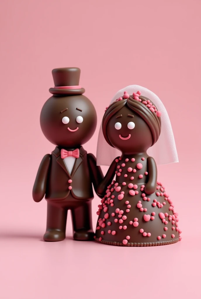 realistic style image of two chocolate brigadeiro with pink heart sprinkles dressed as bride and groom 
