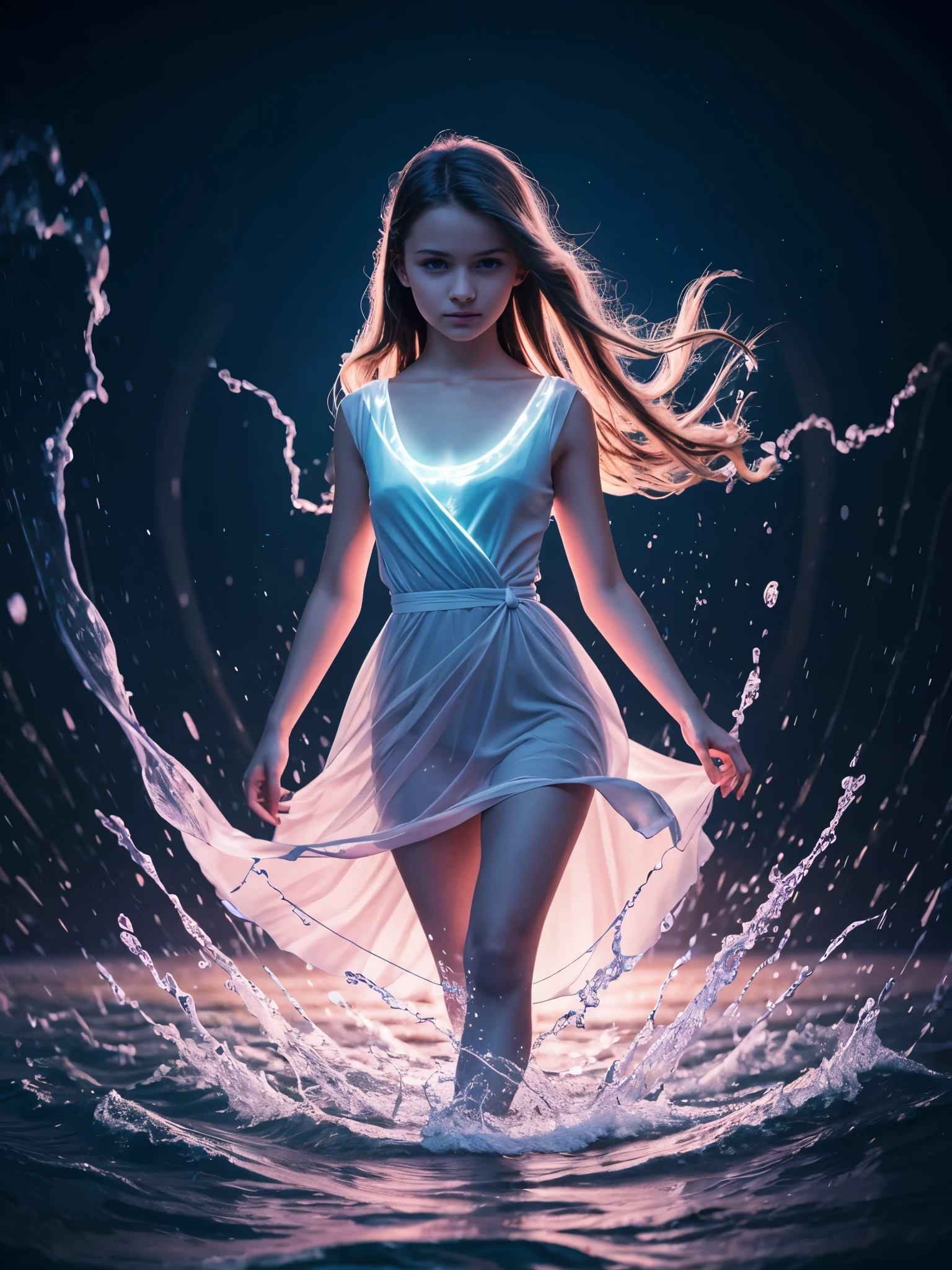 1girl, (, cute:1.2), close-up shot, detailed face, looking at viewer, walking through water, splitting the body of water, (dramatic effect, ripples spreading out, powerful and surreal, flowing dress, detailed water reflections, dynamic movement, (high quality:1.2), ethereal atmosphere, mystical scene, soft lighting, fluid motion, surge of glowing purple energy, intense light, dark background, swirling motion, radiant glow, high contrast, ethereal and powerful, dynamic waves, vibrant purple hues, mystical atmosphere, detailed textures, energy burst, abstract design, futuristic vibe:0.8),