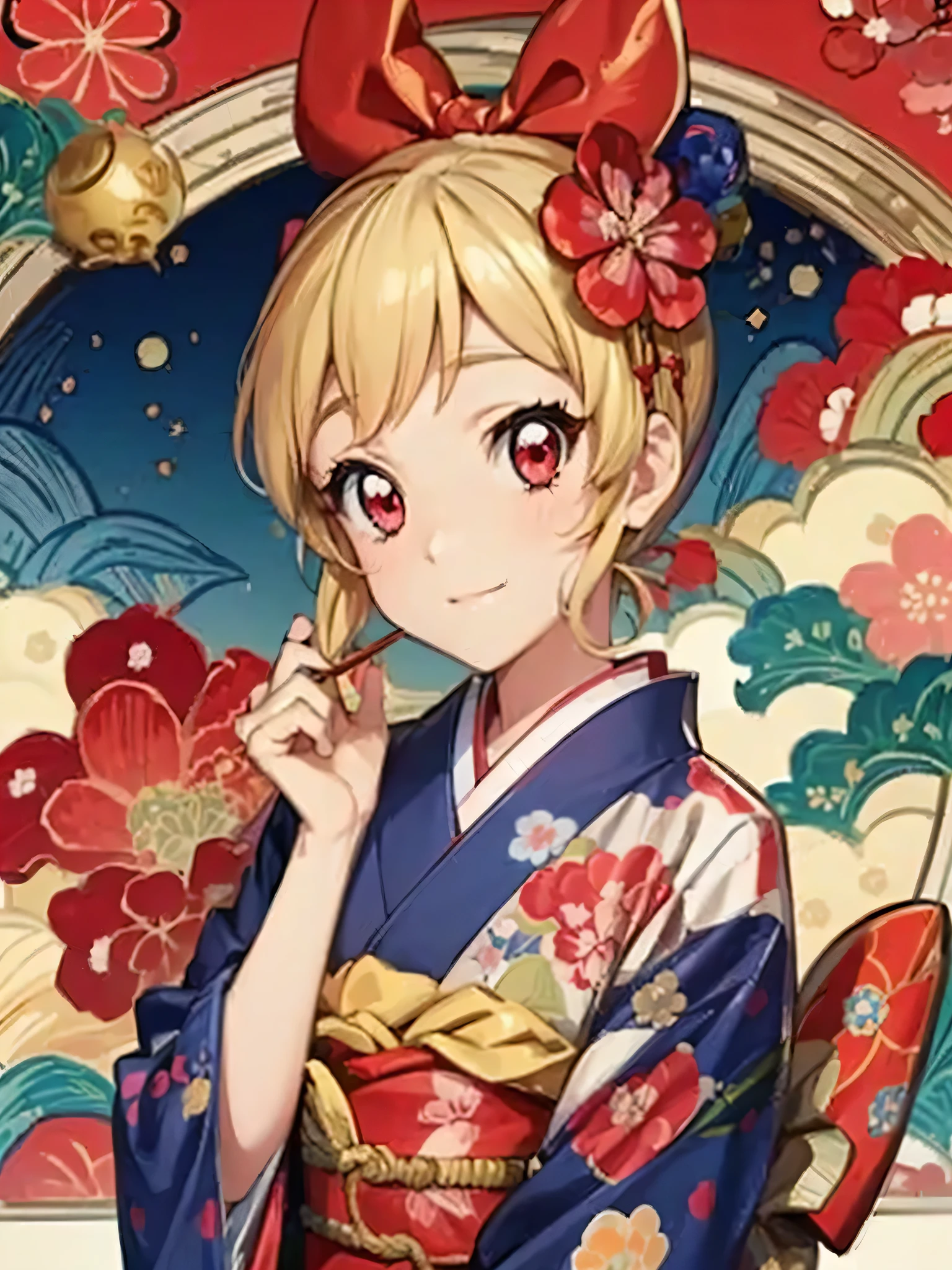 a picture of a cartoon character, 1girl, japanese clothes, solo, kimono, blonde hair, floral print,red eyes,Ichigo Hoshimiya (Aikatsu!),Ukiyo_e,japanese clothes, floral print, long sleeves, hair flower, hair ornament
