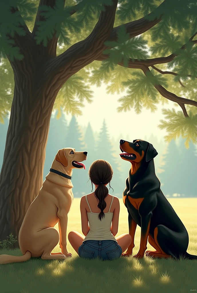 A woman and two female Rottweilers and a female Labrador retriever sitting with their backs to each other under the tree in the distance