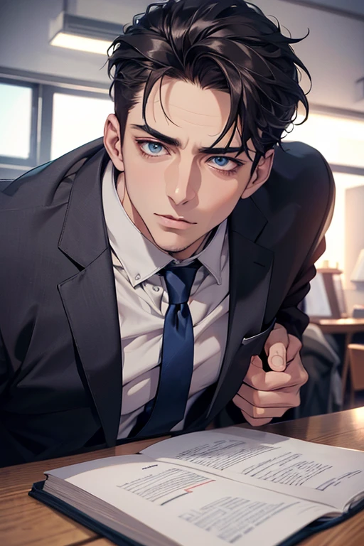 (Best Quality,4k,8k,high resolution,Masterpiece:1.2),ultra detailed,(realist,photorealist,photo-realist:1.37),1 man,31 years,mature man,very handsome,without expresion,muscled body,short gray black hair,Blue eyes,glare,perfect face without mistakes,imposing posture,businessman,office background,cinematic lighting,imagen HDR
