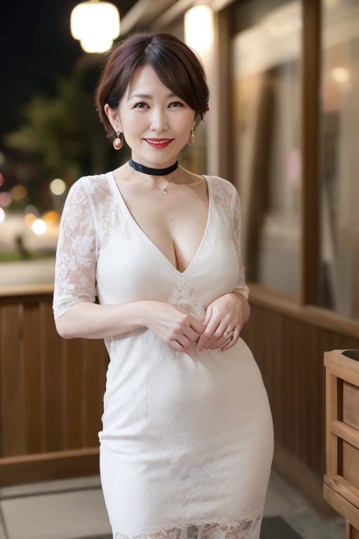 Beautiful and mature 55 year old Japanese woman, Married women, Aunt, Fine Lines, Long eyelashes, Glowing Eyes, Short Bob Haircut, (choker), (Deep Red Lipstick), elegant, Slim figure, Rosy Cheeks, Pearl Necklace, Earrings, Cute Smile, Summer clothes, Beautiful body lines, Cleavage, Full Body Focus, Photographed in the mountains late at night,