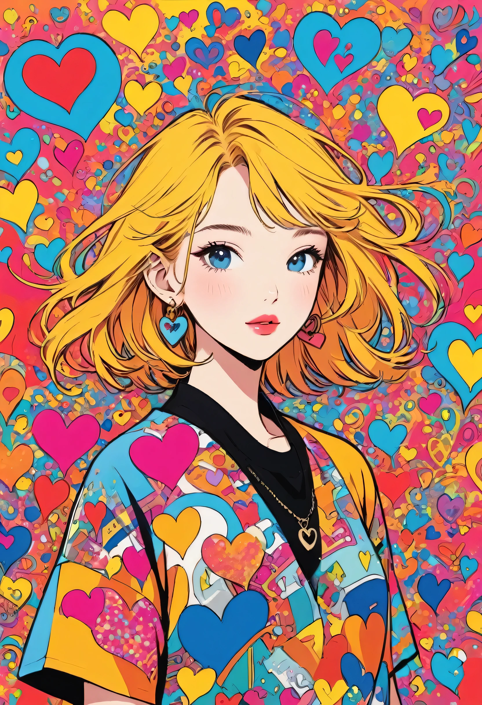 Keith Haring colorful style, Simple Line Initialism,Abstract art,(((The most beautiful girl of all time))), Sweet face. Lips in love, colorful hearts, stylish design, 夏のオシャレなTシャツ, 黒い瞳, walking, New York city