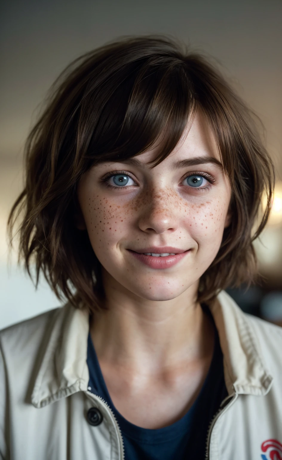 (close-up, editorial photograph of a 21 year old woman), (highly detailed face:1.4) (smile:0.7) (background inside dark, moody, private study:1.3) POV, by lee jeffries, nikon d850, film stock photograph ,4 kodak portra 400 ,camera f1.6 lens ,rich colors, hyper realistic ,lifelike texture, dramatic lighting , cinestill 800, wavy hair, messy hair, Max Caulfield haircut, short hair, Mischievous smirk, Brown hair, Blue eyes, freckles, white skin, cyberpunk Coat, White Shirt, Max Caulfield skin, Max Caulfield expression, masterpiece, Astral Plane, Life Is Strange