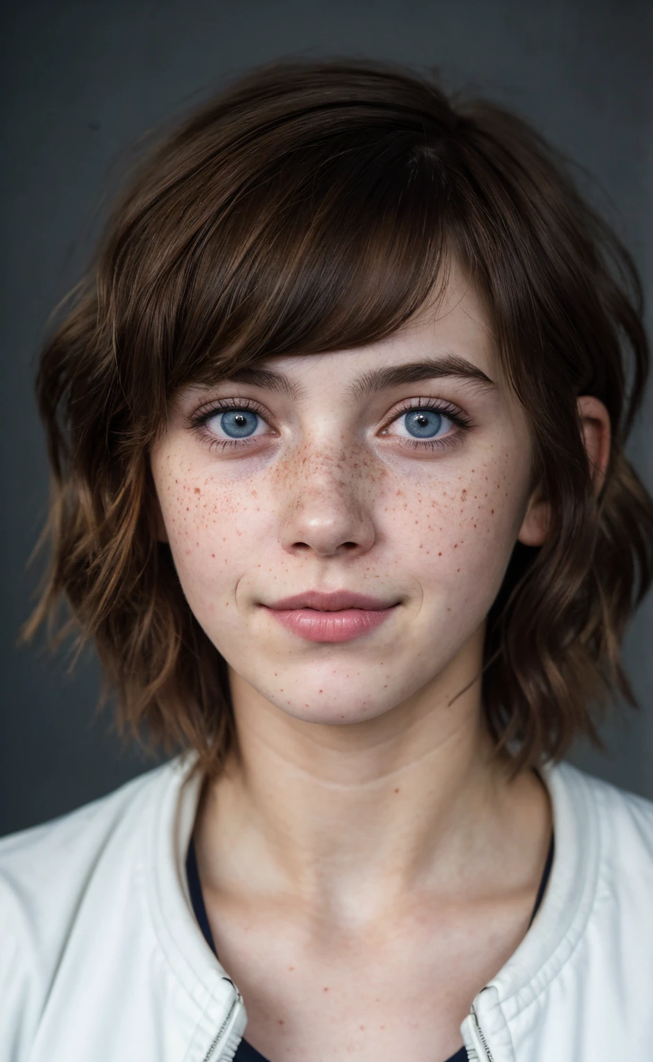 (close-up, editorial photograph of a 21 year old woman), (highly detailed face:1.4) (smile:0.7) (background inside dark, moody, private study:1.3) POV, by lee jeffries, nikon d850, film stock photograph ,4 kodak portra 400 ,camera f1.6 lens ,rich colors, hyper realistic ,lifelike texture, dramatic lighting , cinestill 800, wavy hair, messy hair, Max Caulfield haircut, short hair, Mischievous smirk, Brown hair, Blue eyes, freckles, white skin, cyberpunk Coat, White Shirt, Max Caulfield skin, Max Caulfield expression, masterpiece, Astral Plane, Life Is Strange