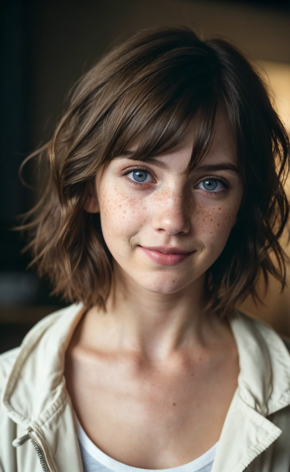 (close-up, editorial photograph of a 21 year old woman), (highly detailed face:1.4) (smile:0.7) (background inside dark, moody, private study:1.3) POV, by lee jeffries, nikon d850, film stock photograph ,4 kodak portra 400 ,camera f1.6 lens ,rich colors, hyper realistic ,lifelike texture, dramatic lighting , cinestill 800, wavy hair, messy hair, Max Caulfield haircut, short hair, Mischievous smirk, Brown hair, Blue eyes, freckles, white skin, cyberpunk Coat, White Shirt, Max Caulfield skin, Max Caulfield expression, masterpiece, Astral Plane, Life Is Strange