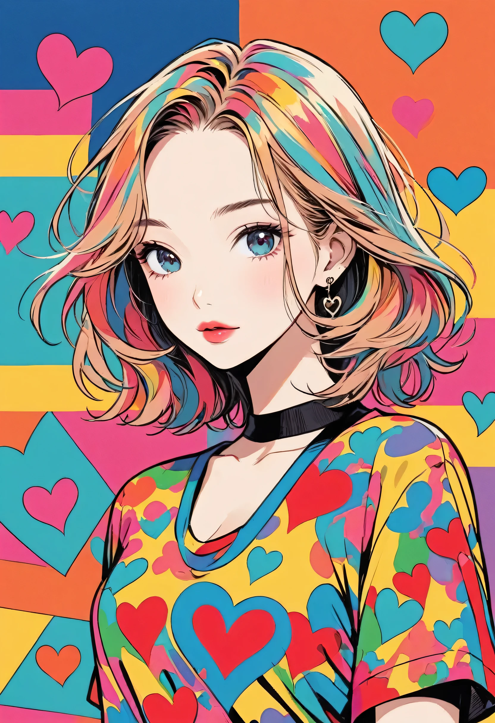Keith Haring colorful style, Simple Line Initialism，Abstract art，(((The most beautiful girl of all time))), Sweet face. Lips in love, colorful hearts, stylish design, 夏のオシャレなTシャツ, 黒い瞳, walking, New York city